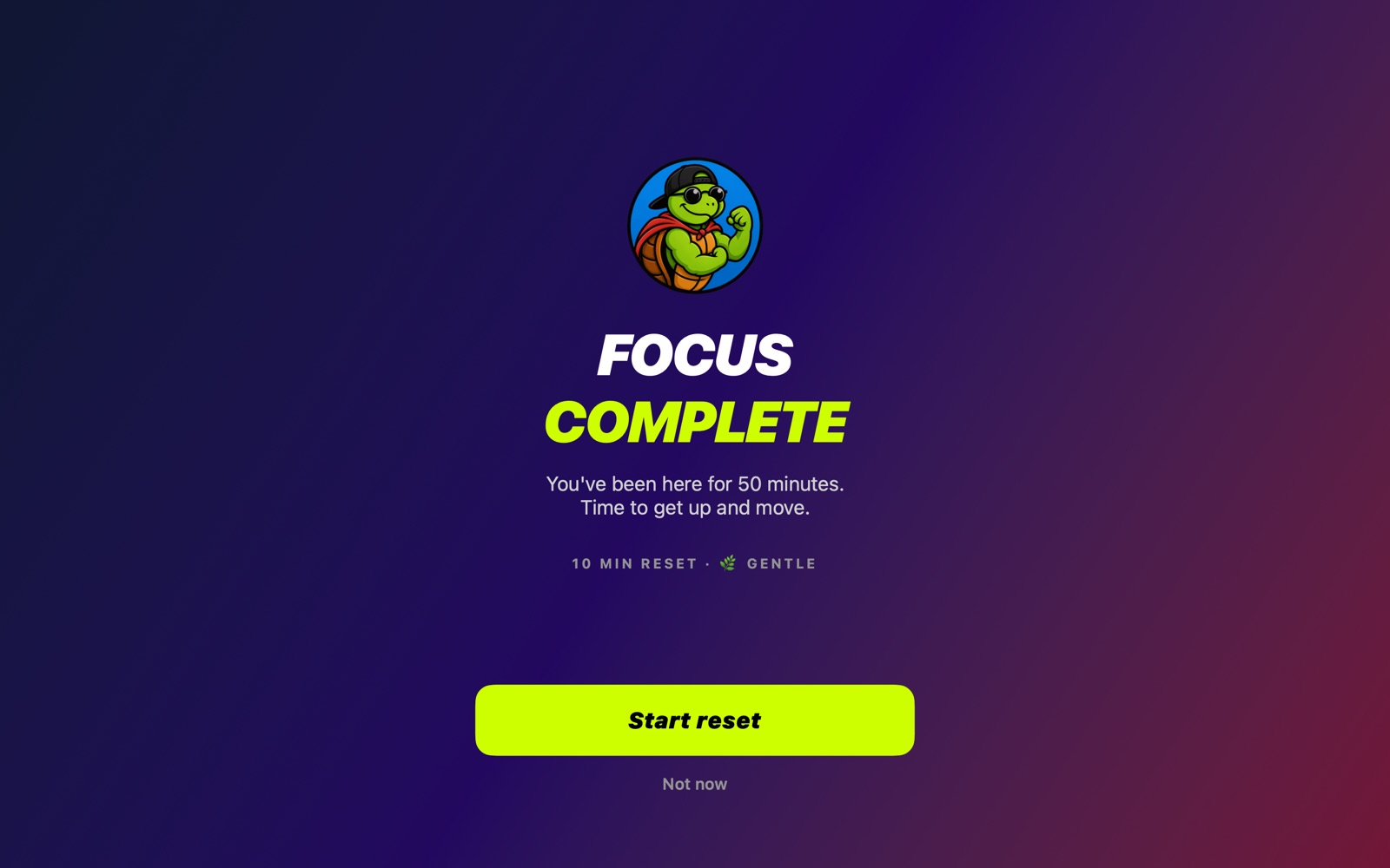 Focus complete screen over a frosted-glass background with a Start reset button.
