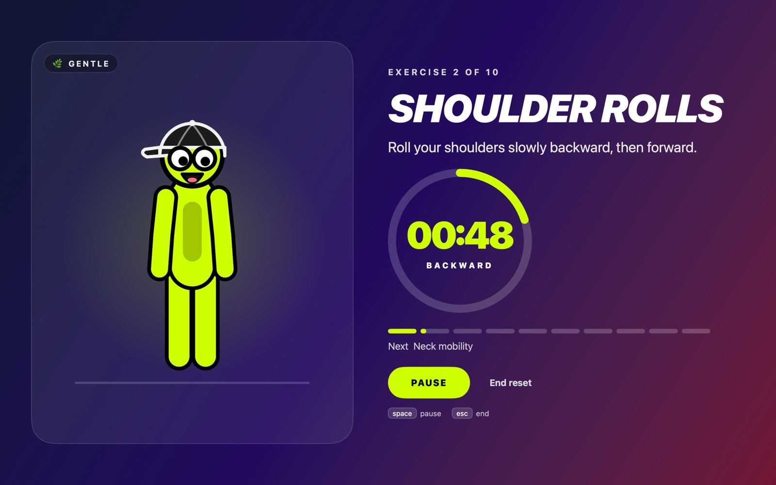 Desk Turtle's reset screen: a happy volt-green figure in a backwards cap and round glasses doing shoulder rolls, with a countdown ring and progress bar.
