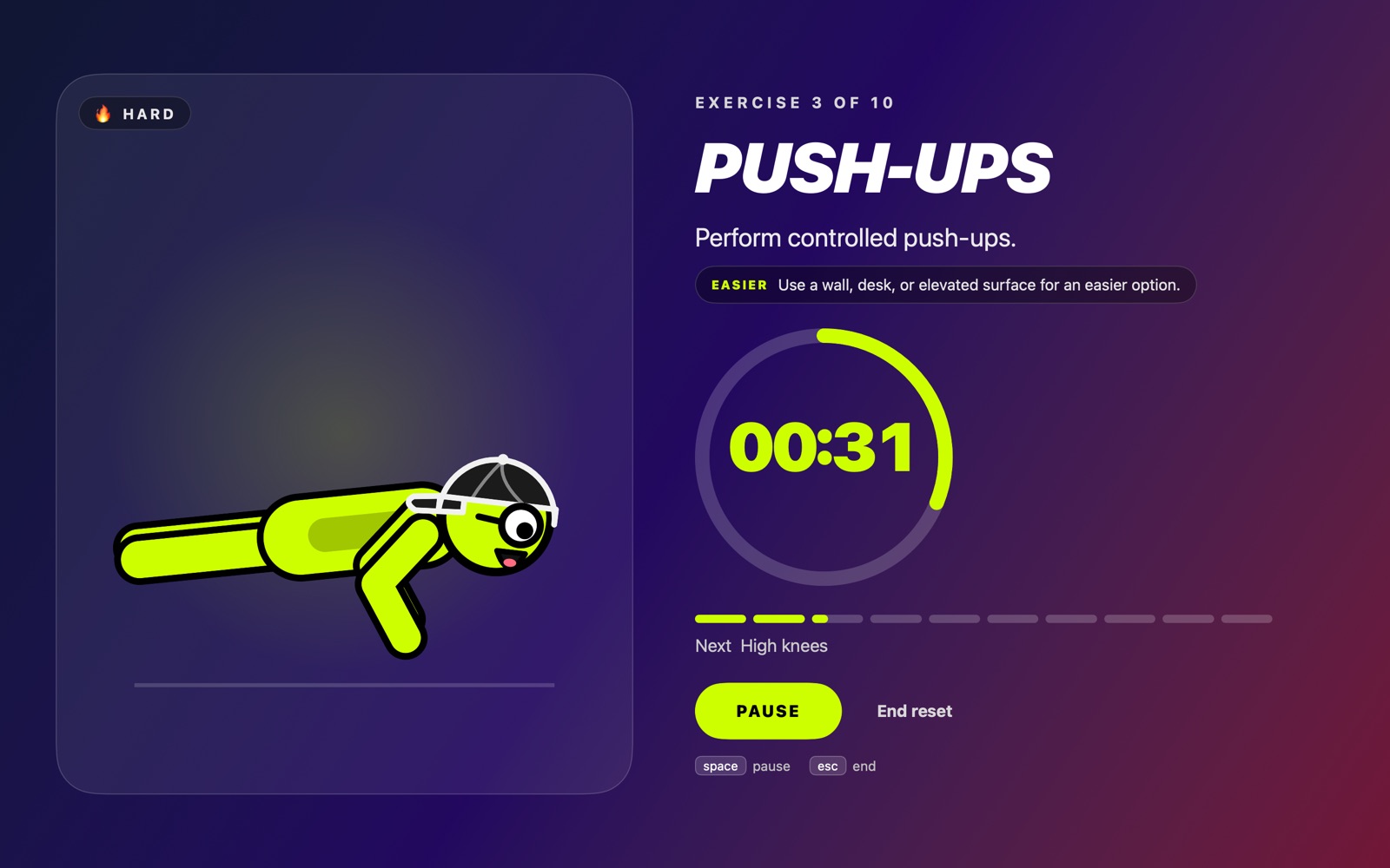 Hard reset: push-ups with an easier-option note, countdown ring and progress bar.