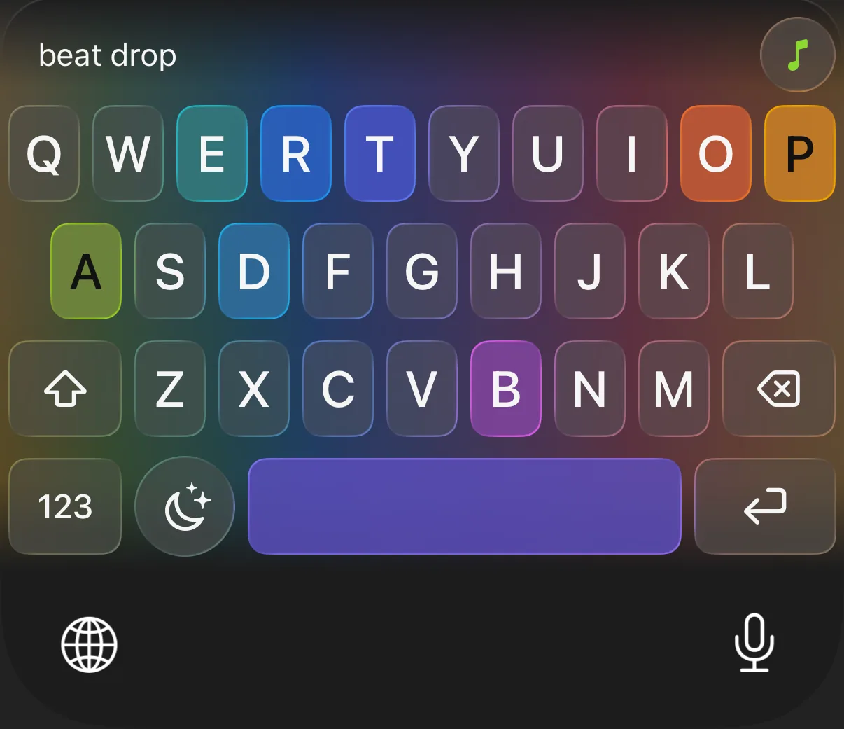 The keyboard in Beat Mode at night: the message “beat drop” typed, and the keys E, R, T, A, D, B, O, P and the space bar glowing in rainbow colours