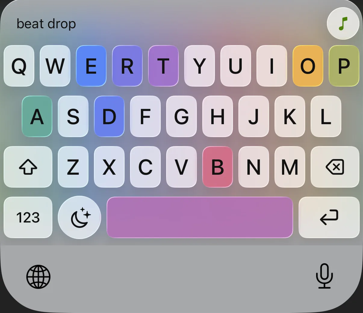 The same Beat Mode keyboard in Light Mode, with the same keys glowing in softer rainbow colours