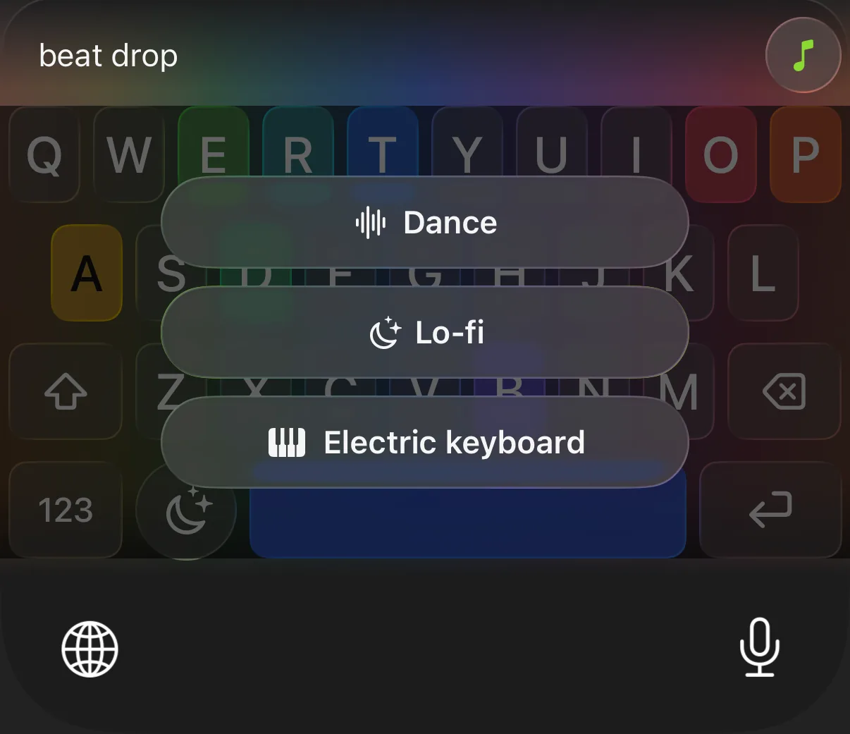 The Beat Mode style card over the keyboard with three choices: Dance, Lo-fi and Electric keyboard