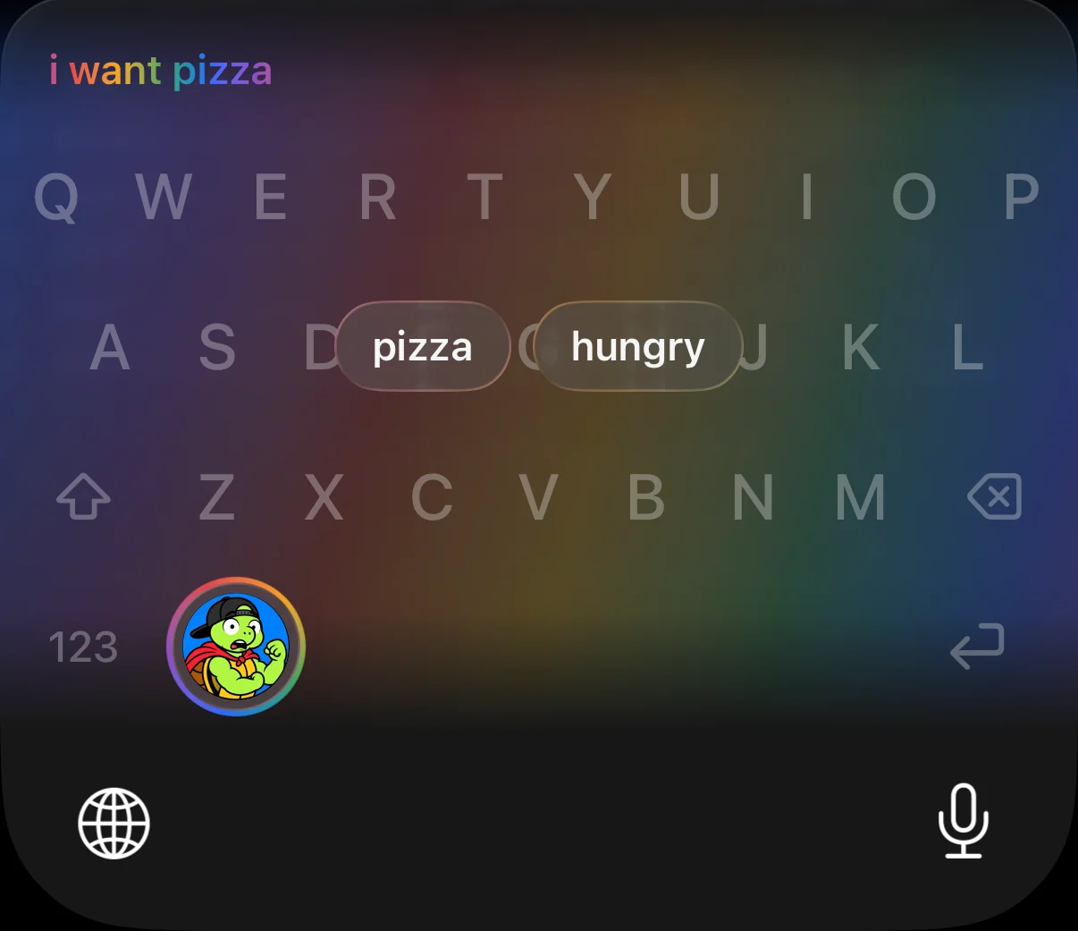 The keyboard thinking: keys faded behind a flowing rainbow, with the search words “pizza” and “hungry” floating on top