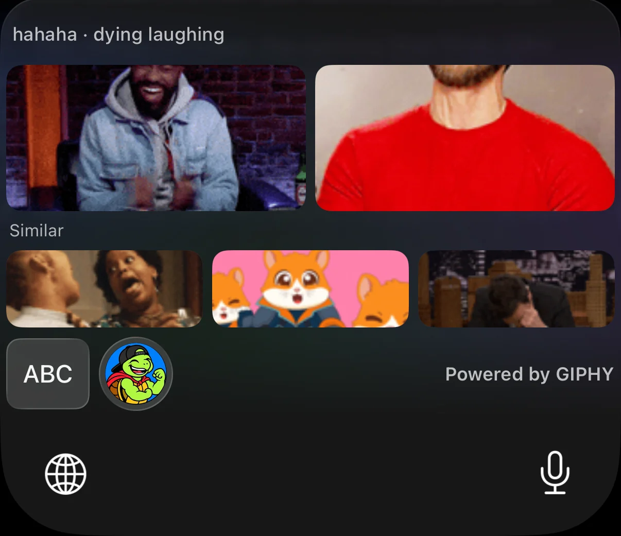 The keyboard showing laughing GIFs for the message “hahaha”