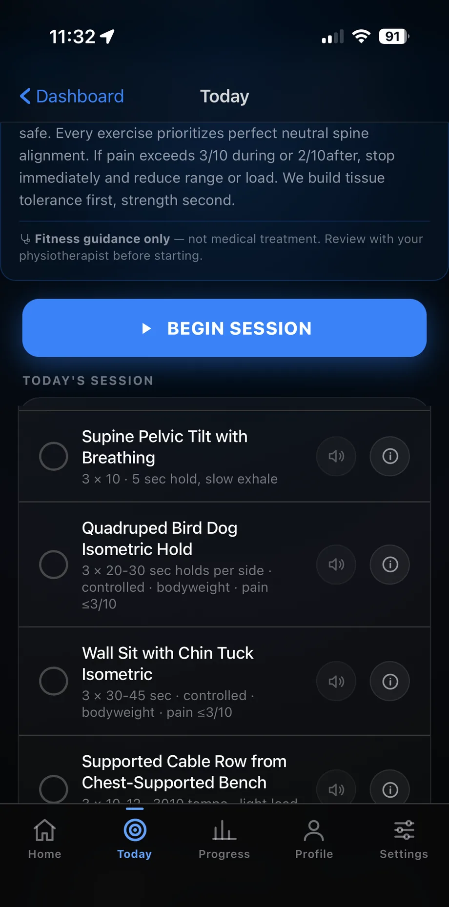 Today's session: a safety line, a Begin Session button, and a list of exercises each showing sets, reps and a discomfort ceiling.