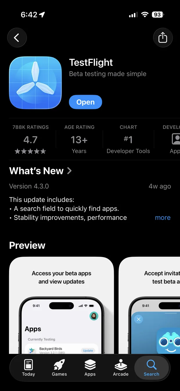 The TestFlight app as it appears in the App Store: a white paper aeroplane on a blue rounded icon, by Apple.