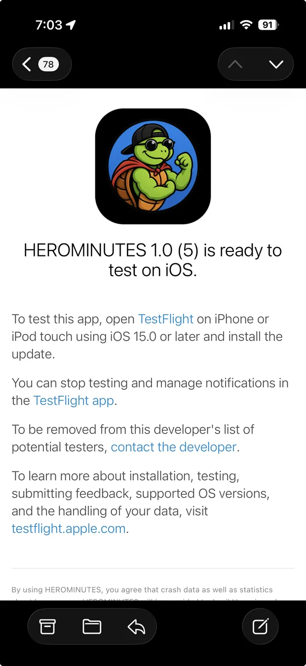 An email from Apple reading: HEROMINUTES is ready to test on iOS, with the app icon above it.